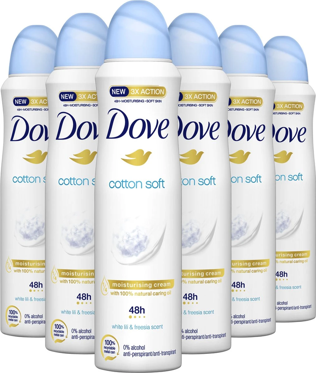 Dove Cotton Soft Anti-transpirant Deodorant Spray - 6 X 150 Ml - Voordeelverpakking 3 Dove Cotton Soft Anti-transpirant Deodorant Spray - 6 X 150 Ml - Voordeelverpakking