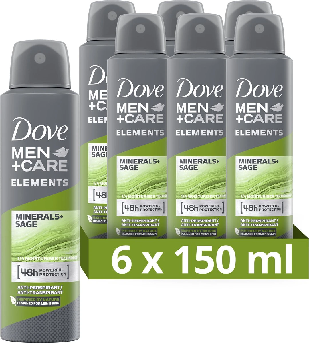 Dove Men+Care Elements Minerals & Sage Anti-Transpirant Deodorant Spray - 6 X 150 Ml - Voordeelverpakking 3 Dove Men+Care Elements Minerals & Sage Anti-Transpirant Deodorant Spray - 6 X 150 Ml - Voordeelverpakking