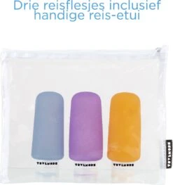 TRVLMORE Silicone Reisflesjes - Navulbaar - Handbagage - 100 ML - 3 Stuks - Oranje/Paars/Blauw -Verzorgingsproducten 1126x1200