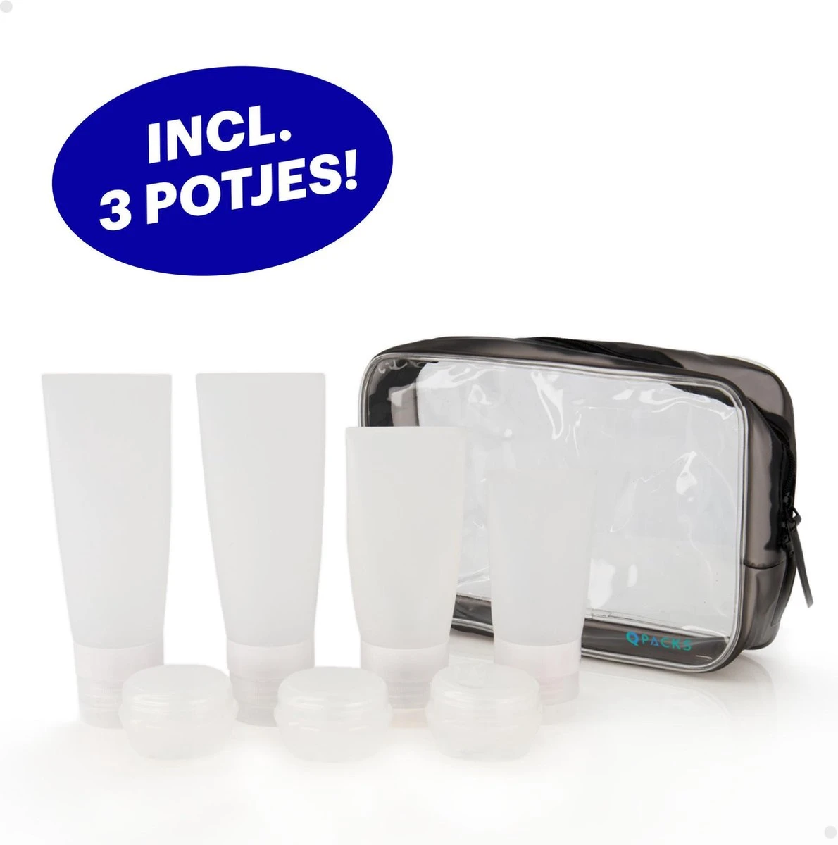 Qpacks - 8-delige Reisflesjes Set Transparant - Vliegtuig Handbagage - Navulbare Reis 100ML Flacons - Incl. Potjes & Etui -Travel - Reisaccessoires 3 Qpacks - 8-delige Reisflesjes Set Transparant - Vliegtuig Handbagage - Navulbare Reis 100ML Flacons - Incl. Potjes & Etui -Travel - Reisaccessoires