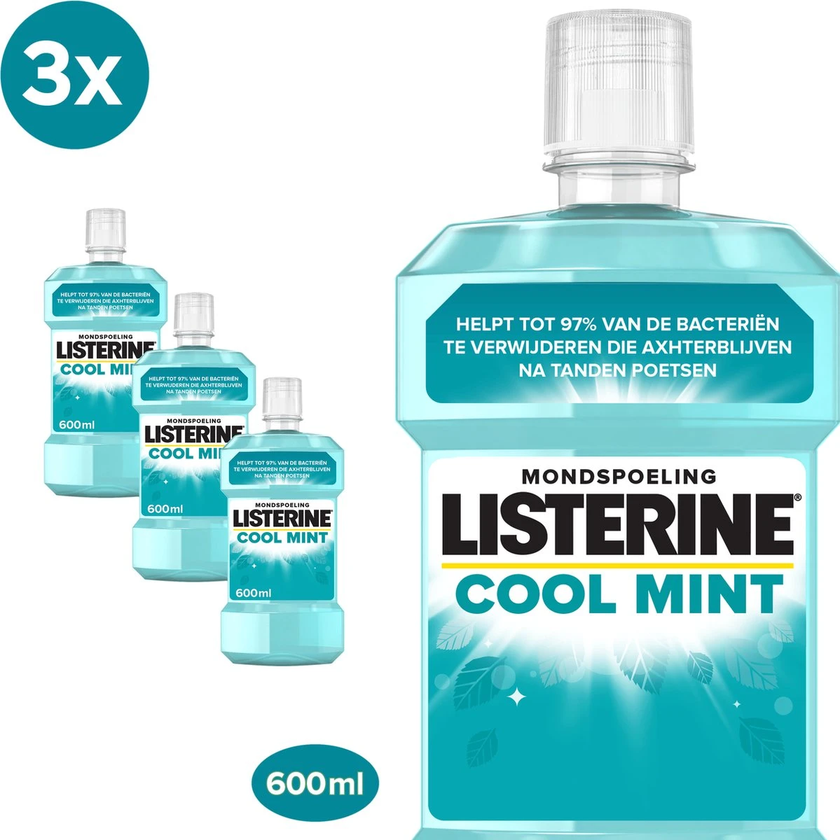 LISTERINE® Fresh Mint, Mondspoeling Met Essentiële Oliën Voor Een Langdurig Frisse Adem, 3x600ml 3 LISTERINE® Fresh Mint, Mondspoeling Met Essentiële Oliën Voor Een Langdurig Frisse Adem, 3x600ml