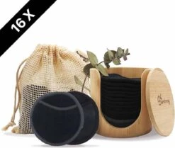 Bamboozy 16 Zwarte Herbruikbare Wattenschijfjes + Bamboe Houder 12x Dagelijks 4x Scrub 4 Laags Wasbare Wattenschijfjes Zero Waste