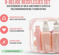 Reisflesjes Set 9-delig - Reisset - Reisflesjes Handbagage - Reis Toilettas - Reisflacons - Vliegtuig - Navulbare Reisflesjes - Roze -Verzorgingsproducten 1200x1124