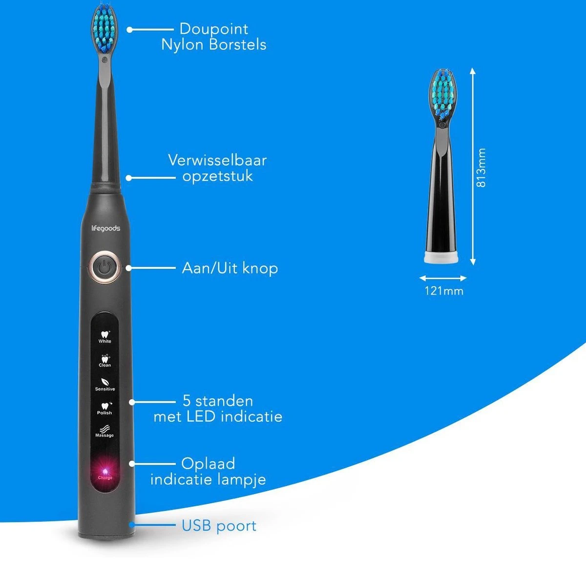 LifeGoods Elektrische Tandenborstel - Oplaadbaar - Veilig Voor Douche - 4 Opzetborstels - Zwart 4 LifeGoods Elektrische Tandenborstel - Oplaadbaar - Veilig Voor Douche - 4 Opzetborstels - Zwart - Afbeelding 2
