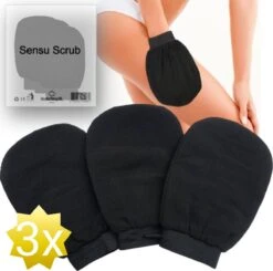 Sensu Scrub Handschoen - 3 Stuks - Zwart - Washand Exfoliating Glove - Kessa Hammam Washandje
