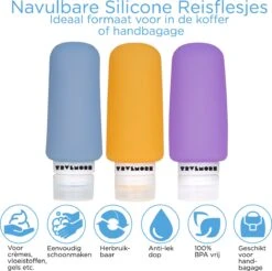 TRVLMORE Silicone Reisflesjes - Navulbaar - Handbagage - 100 ML - 3 Stuks - Oranje/Paars/Blauw -Verzorgingsproducten 1200x1193 8