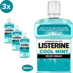 LISTERINE Cool Mint Milde Smaak, Mondspoeling Zonder Alcohol Met Etherische Oliën, Helpt Bacteriën Te Verwijderen En Zorgt Voor Een Langdurig Frisse Adem, 3 X 500 Ml
