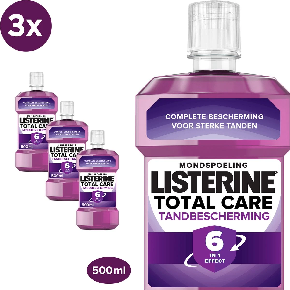 LISTERINE Total Care Tandbescherming, Mondspoeling, Biedt Complete Bescherming Voor Sterke Tanden Met 6 In 1 Effect, 3 X 500 Ml 3 LISTERINE Total Care Tandbescherming, Mondspoeling, Biedt Complete Bescherming Voor Sterke Tanden Met 6 In 1 Effect, 3 X 500 Ml