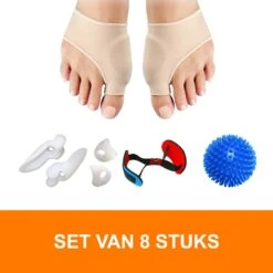 Voorkant 21 {Feetz} Hallux Valgus Bunion Protector & Corrector - SET VAN 8 STUKS – Voetverzorging & Teenspreider Teenspalk – Voorvoetzolen Siliconen Set Ter Correctie Van Tenenstand. Inclusief Teenband & Massagebal Voor Spierversterkende Oefeningen