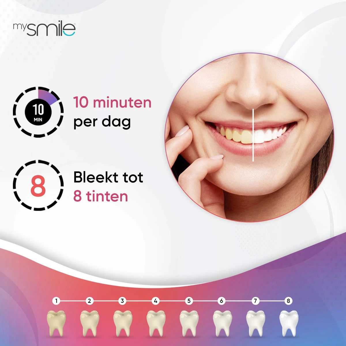 MySmile Tandenbleekset - Thuis Tanden Bleken - PAP+ Formule Met Natuurlijke Ingrediënten - 6 Whitening Gels - Zonder Peroxide 9 MySmile Tandenbleekset - Thuis Tanden Bleken - PAP+ Formule Met Natuurlijke Ingrediënten - 6 Whitening Gels - Zonder Peroxide - Afbeelding 7