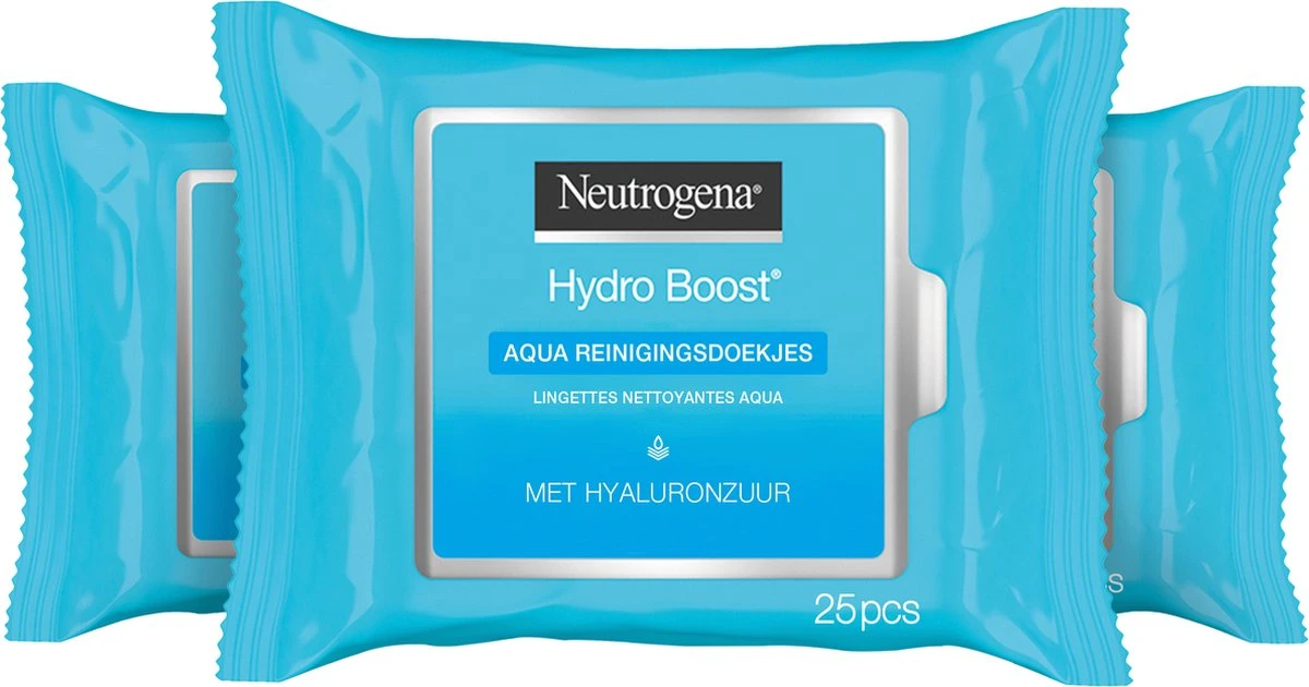 Neutrogena Hydro Boost Aqua Reinigingsdoekjes, Met Neutrogena Reinigingstechnologie, Hyaluronzuur En Een Hydraterende Crème, 3 X 25 Stuks 4 Neutrogena Hydro Boost Aqua Reinigingsdoekjes, Met Neutrogena Reinigingstechnologie, Hyaluronzuur En Een Hydraterende Crème, 3 X 25 Stuks - Afbeelding 2