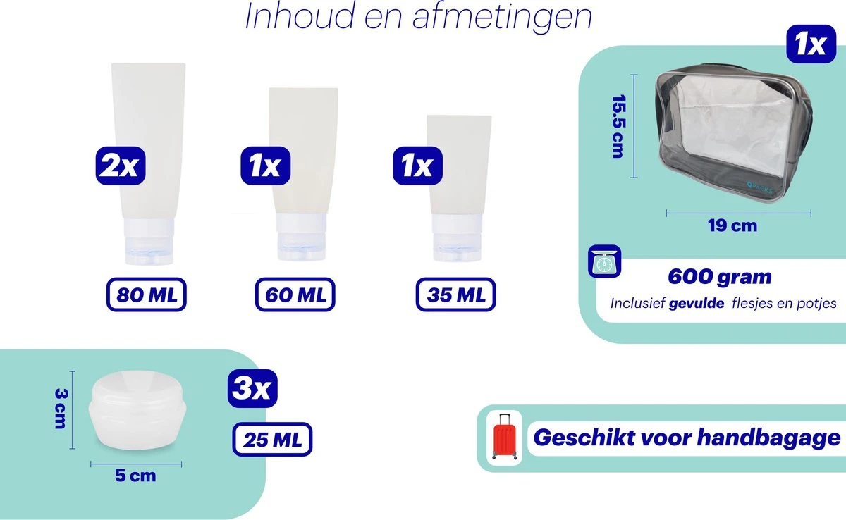 Qpacks - 8-delige Reisflesjes Set Transparant - Vliegtuig Handbagage - Navulbare Reis 100ML Flacons - Incl. Potjes & Etui -Travel - Reisaccessoires 4 Qpacks - 8-delige Reisflesjes Set Transparant - Vliegtuig Handbagage - Navulbare Reis 100ML Flacons - Incl. Potjes & Etui -Travel - Reisaccessoires - Afbeelding 2