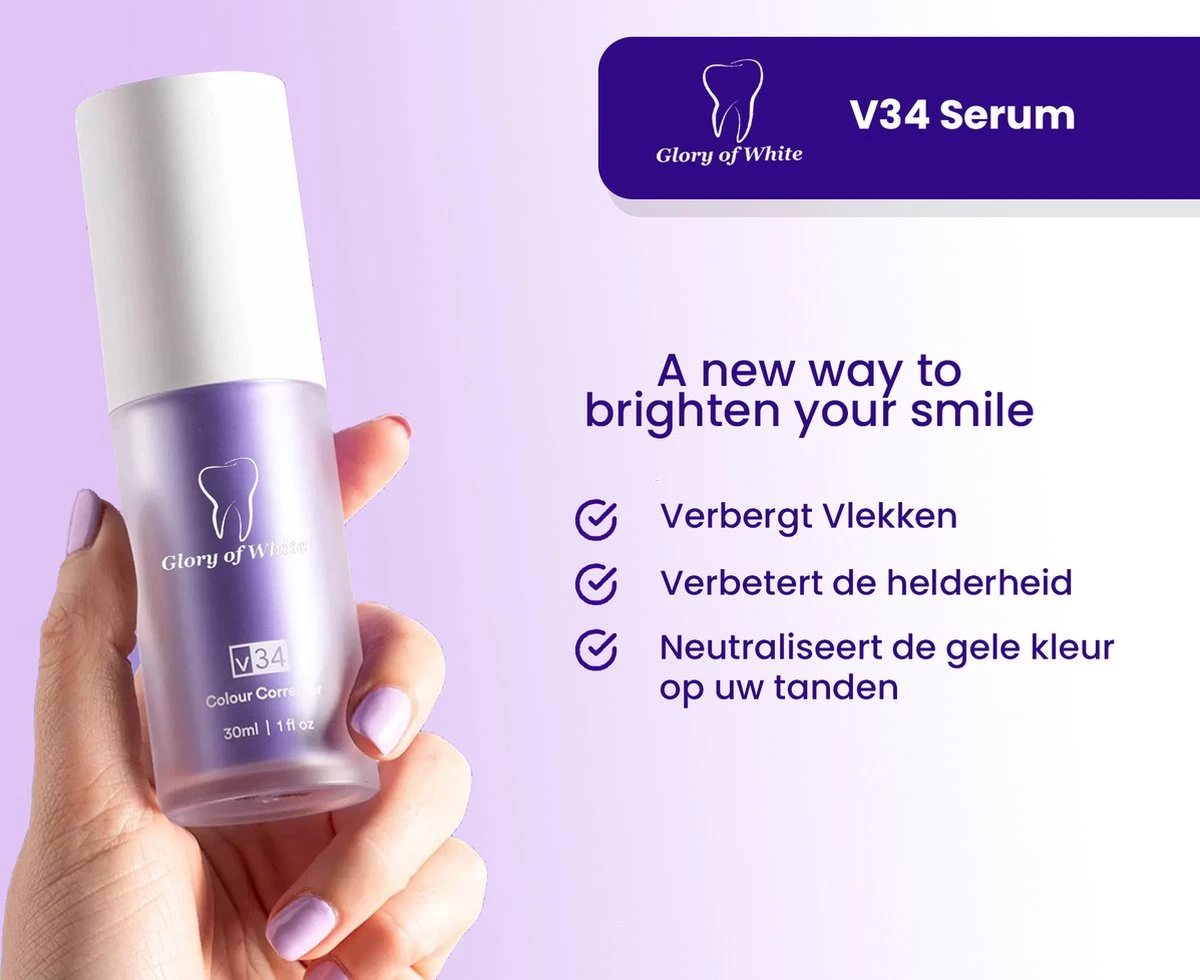 Glory Of White V34 Serum - Kleurcorrector - Witte Tanden - Tandpasta - Tanden Reinigen - Teeth Whitening - 30ML 4 Glory Of White V34 Serum - Kleurcorrector - Witte Tanden - Tandpasta - Tanden Reinigen - Teeth Whitening - 30ML - Afbeelding 2