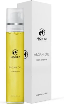 Voorkant 27 *ACTIE* MONTE - 100% Pure Arganolie - 100 ML - Unieke Fles - 100% Biologisch - Huidolie En Haarolie - Voor Haar, Huid En Gezicht - Hydraterend, Voedend En Herstellend - Rijk Aan Vitamine E, Essentiële Vetzuren, Antioxidanten En Mineralen - Argan Oil